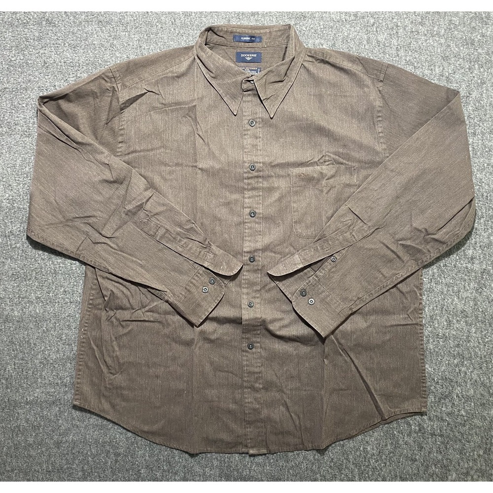 Dockers Mens XXL Brown Long Sleeve Button Down Shirt Classic Fit Stain Defender